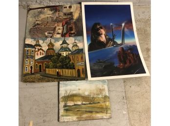 Four Piece Unframed Item Lot