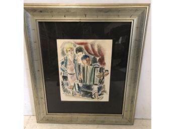 Framed Watercolor Of Accordion Player