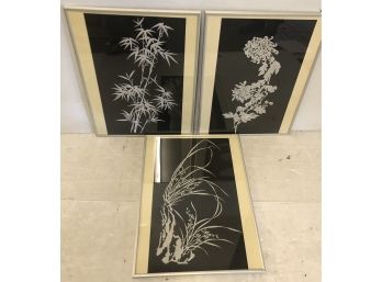 Three Black And White Oriental Framed Items