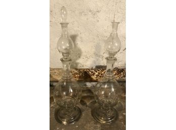 Pair Of Three Part Tall Glass Decanters