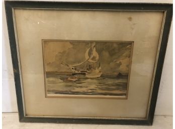 Framed Watercolor Ship Scene