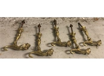 Five Brass Colored Lion Head Wall Hooks