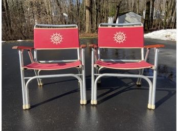 Two Folding Beach Chairs With Nautical Design