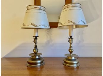 Two Brass Candlestick Form Lamps With Gilt Accent Tin Shades