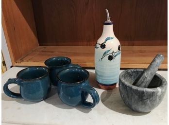 Marble Mortar With Pestle & Pottery