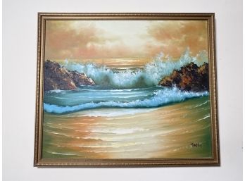 Oil On Canvas, Signed, Ocean Waves Splashing Onto Rocks