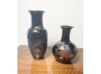 Vintage Satsuki Japanese Black Porcelain Vases, Set Of 2