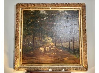 Large Oil On Board, Sheep In The Woods,  Signed By Artist