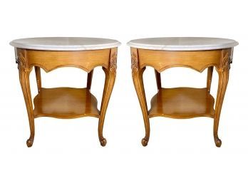 Pair Walnut Marble Top Round Side Tables