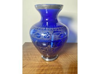 Vintage Silver Overlay Cobalt Blue Glass Vase