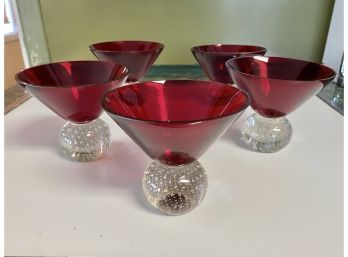 Bubble Ball Bottom, Red And Clear Martini/Cosmopolitan Glasses - Set Of 5