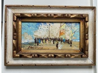 Original Vintage Acrylic On Canvas Framed Painting, Seaside Scene, Signed