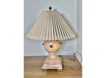 Round Wood Art Deco Table Lamp With Brass Accents & Linen Shade