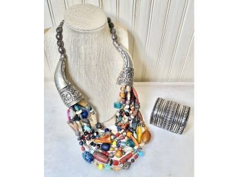 Beautiful Colorful Multi-Stone With Silver Tone Accents Beaded Necklace And Cuff