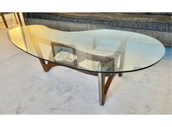 Mid Century Modern Glass Top Coffee Table With Walnut Carved Base In The Style Of Adrian Pearsall