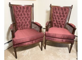 1960's Vintage Walnut And Cane Wingback Chairs - Set Of 2