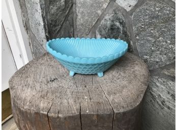 Vintage Potieux Vallerysthal Scalloped Edge Oval Bowl ~ Blue Milk Glass