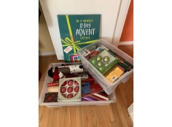 Christmas Lot: Advent Gift Box And Two Tubs Of Paper, Bags, Ornaments, Boxes, Etc.