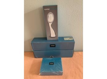 Four NIB Nambe Serving Pieces: Ice Cream Skoop, Dipping Bowl, (2) Luna Salad Serving Sets (Shipping Available)