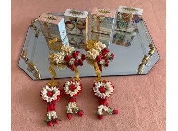 Mirrored Perfume Or Dresser Tray, Plus 4 Boxes Of Fancy Soap And Hand Carved Thai Soap Ornaments