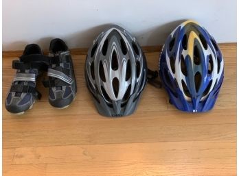 Two Giro Bicycle Helmets And A Pair Of Men's Size 9 Bike Shoes