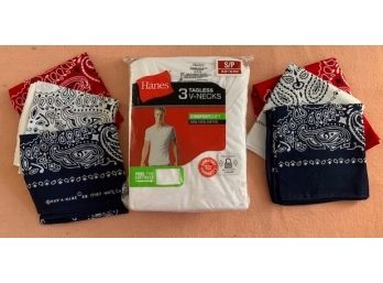 New Package Of 3 Hanes V-neck Tee Shirts And 6 Hav-a-hank Hankies/bandanas