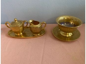 Pickard Decorated Etched China: Sugar And Creamer With Tray, Mayonnaise With Underplate (Shipping Available)