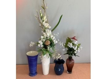 Lot Of 4 Vases, 2 With Silk Flowers