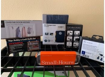 Lot Of 6 NIB: Door Hangers, Knife Set, Air Compressor, Portable Scale, Mercedes Benz Wheel Locks, Cutlery Set