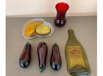 Colorful Glass, Including 3 Eggplants, Spoon Rest, Vase, Plate