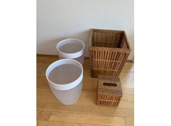 Two Plastic Wastebaskets, One Wicker Wastebasket, One Tissue Box Cover