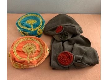 Two Embroidered Kufi Skull Caps And Woman's  Cameleon Hat With Matching Scarf