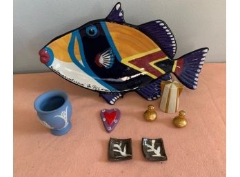 Miscellaneous Decorative And Utilitarian Items: Wedgwood, Salt And Pepper Shakers, Fish Platter, And More