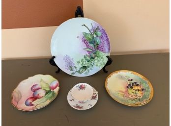 Three Decorative Hand Painted Plates And A Crown Staffordshire Cup And Saucer