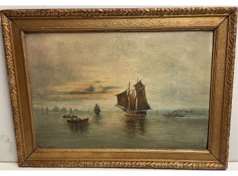 American Marine Painting On Board Signed Ships In The Harbor1825