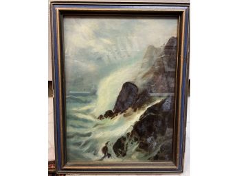 19 Th Century Oil Painting Of Crashing Waves And Rocks