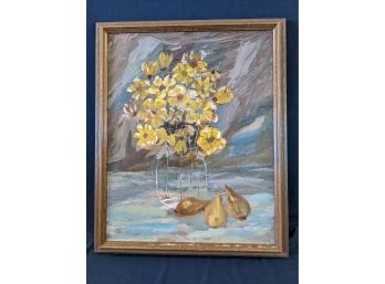 Funky Mid Century Modern Faintly Signed Still Life Black Eyed Susans In A Vase With Pears