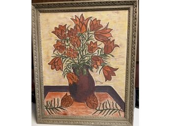 MCM Table Top Still Life Tulips  Signed Julie 24x30 O/C 1968
