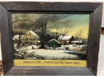 Original 19 Th Century Americana Reverse Painting On Glass  American Farm Scene Winter