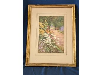 Signed Watercolor Garden In Full Bloom Painting