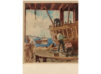 Circa 1935 Watercolor Painting Illustration 'Building The Ship'