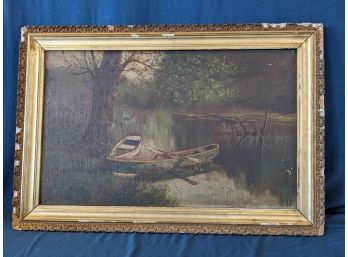 Antique Victorian Painting On Artist Board Boats On The River
