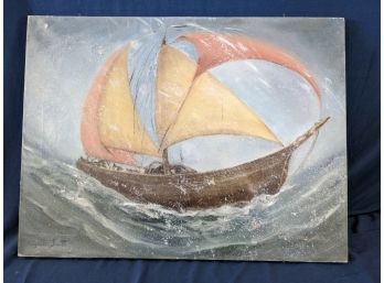 Signed Virginia Smith Oil On Canvas Painting Of  A Ship In A Storm