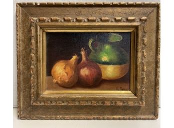 Antique American Still Life Painting.  Onions And Pitcher