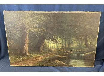 Antique Jay Taylor Signed Oil On Canvas Landscape Painting Forest Interior With Solitary Figure Listed Artist