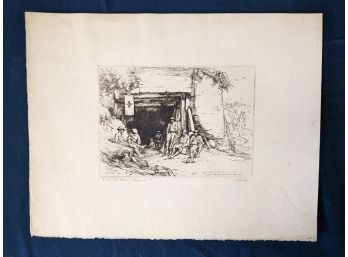 Antique 1918 Pencil Signed And Titled Etching By Lester George Hornby 'First Aid Station Argonne'
