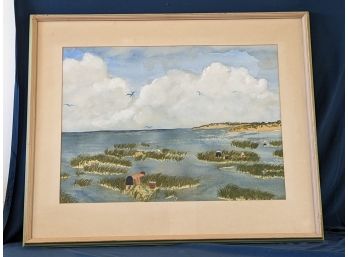 Signed Naive Watercolor Painting 'Clam Diggers'