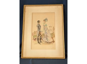 Signed Jeane Schiffman Fashion Plate Watercolor Painting Edwardian Style, Young Couple