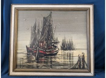 Signed? Mid Century Modern Dramatic Ship Painting In Reds And Blacks