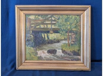 R. F. Maher Signed Oil On Board Painting Of A Bridge Over A Stream In Summer